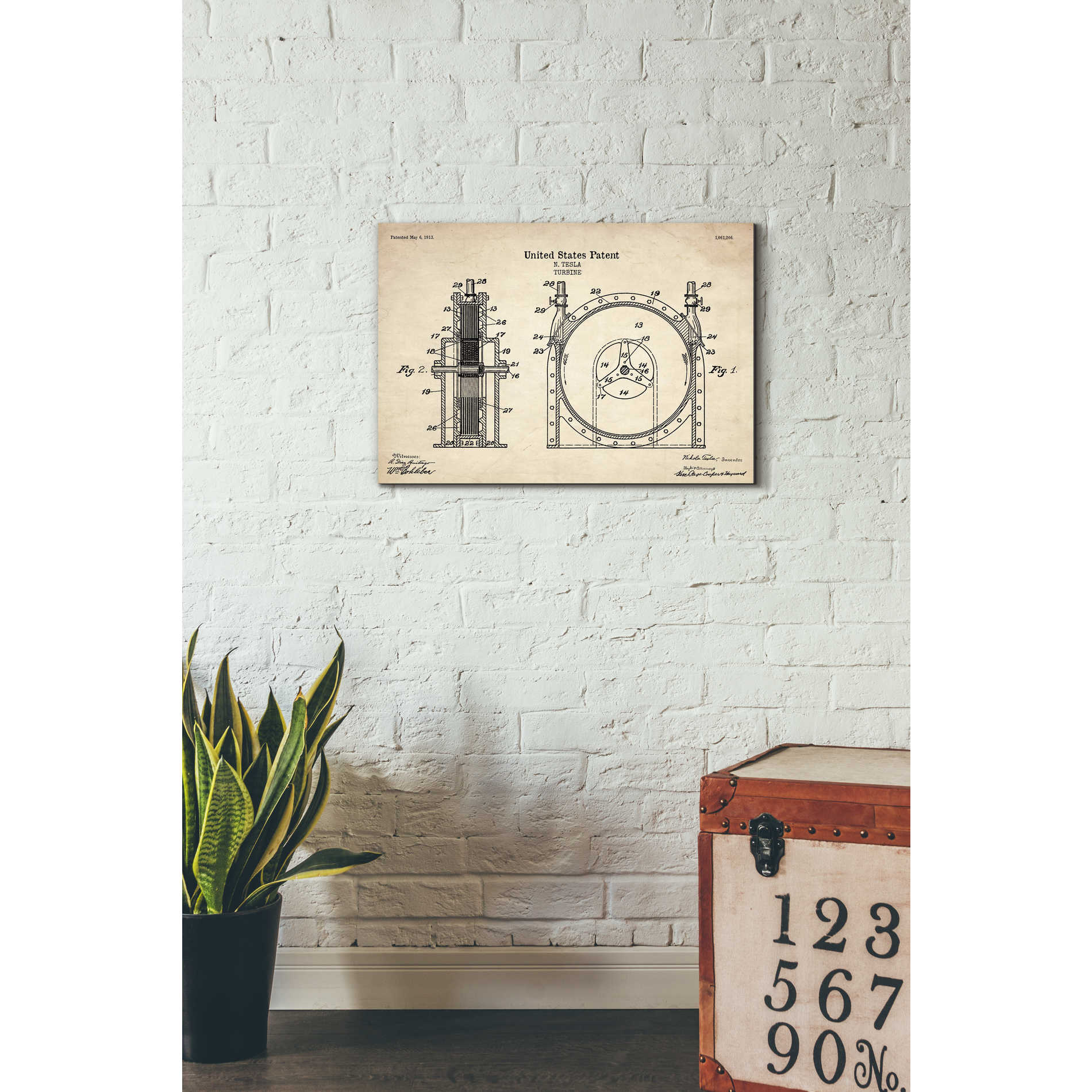 'Tesla Turbine Blueprint Patent Parchment' Canvas Wall Art,26 x 18