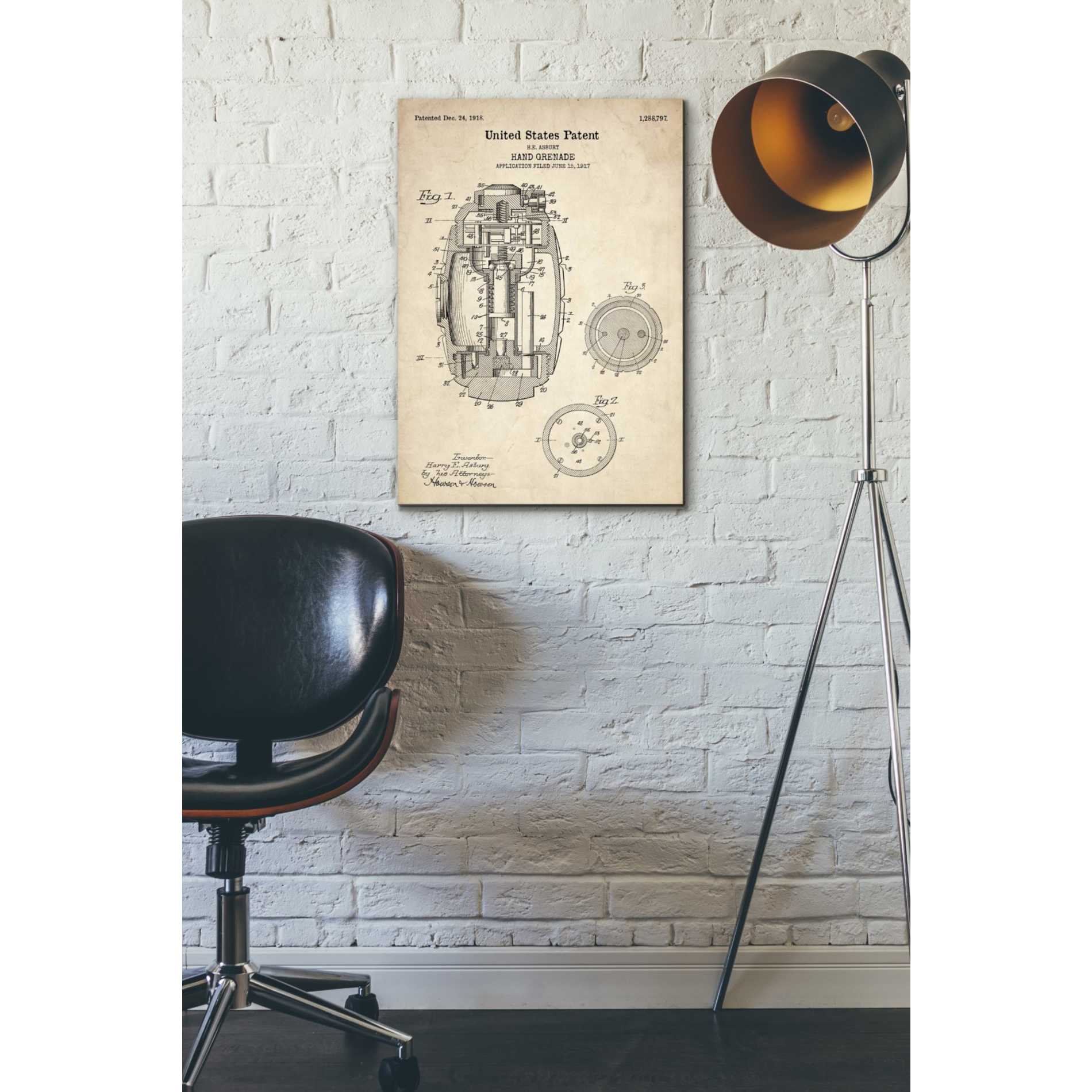 'Hand Grenade Blueprint Patent Parchment' Canvas Wall Art,18 x 26