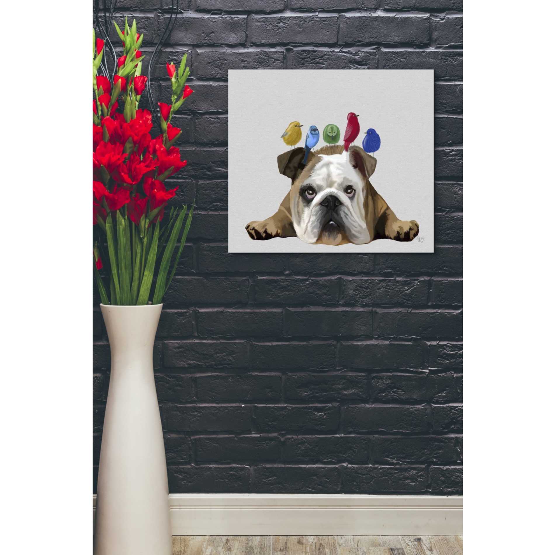 'English Bulldog and Birds' by Fab Funky Giclee Canvas Wall Art