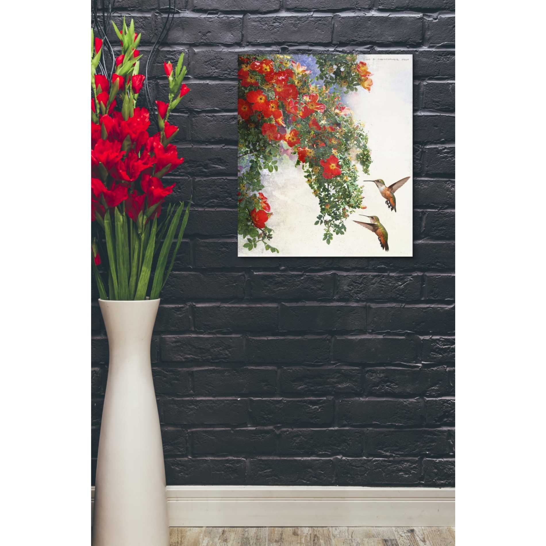 'Hanging Red Roses and Hummers' by Chris Vest, Giclee Canvas Wall Art