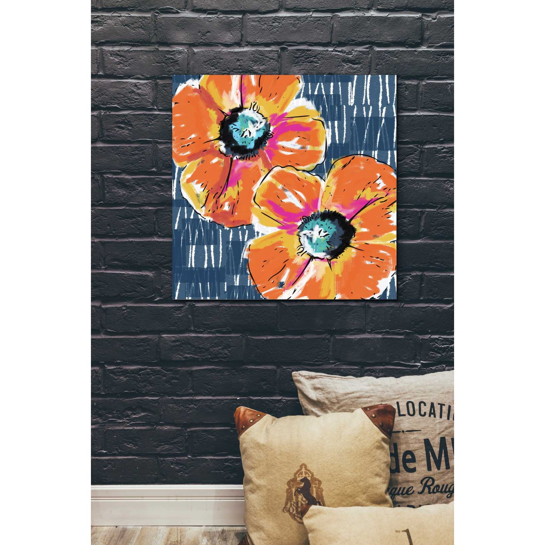 'Orange Poppies on Blue' by Linda Woods, Canvas Wall Art,26 x 26