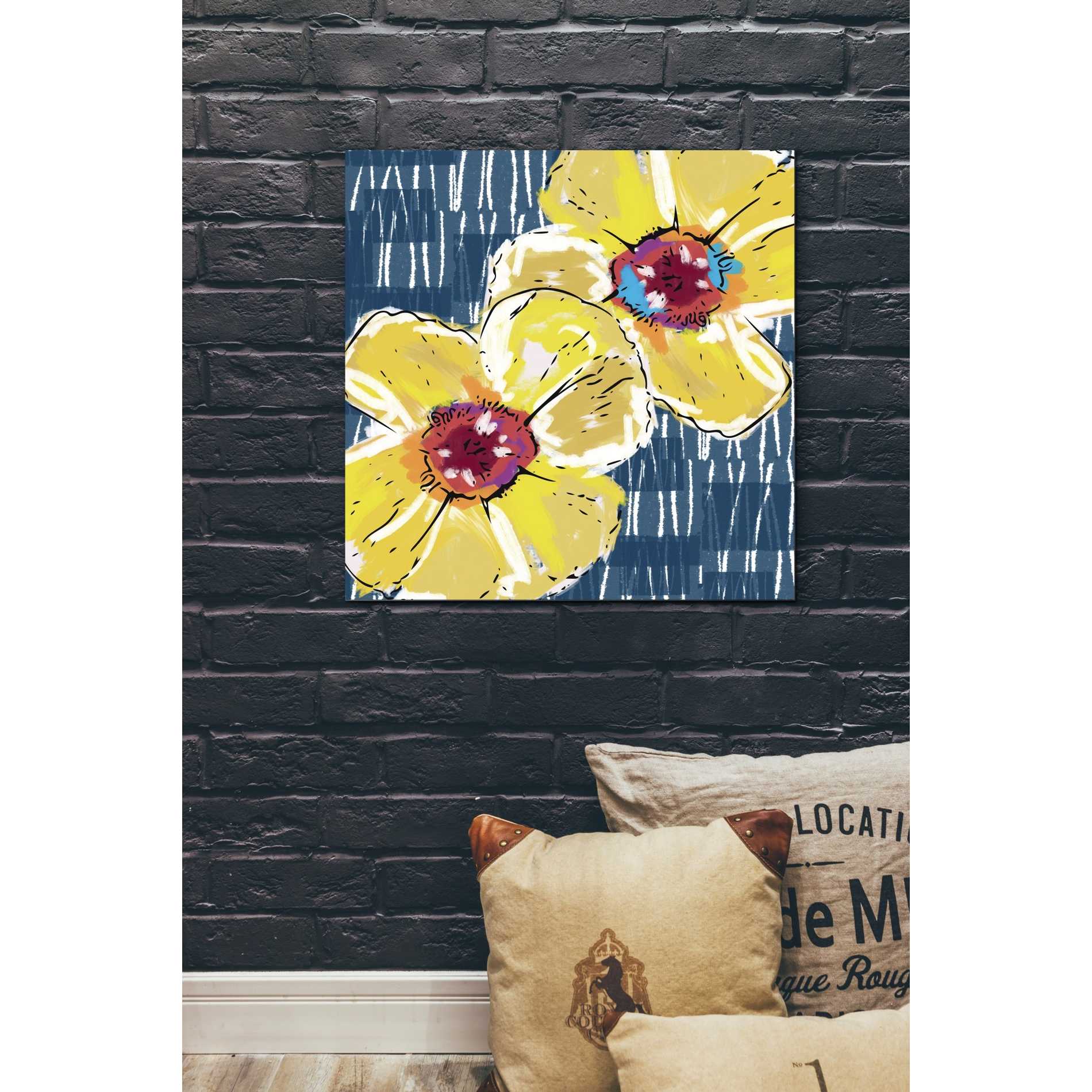 'Yellow Poppies on Blue' by Linda Woods, Canvas Wall Art,26 x 26