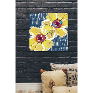 'Yellow Poppies on Blue' by Linda Woods, Canvas Wall Art,26 x 26