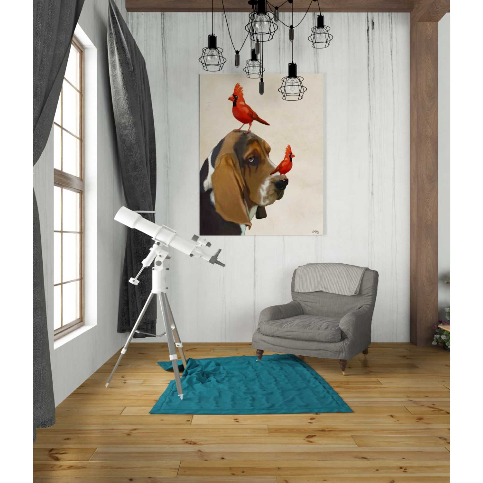 'Basset Hound and Birds' by Fab Funky Giclee Canvas Wall Art
