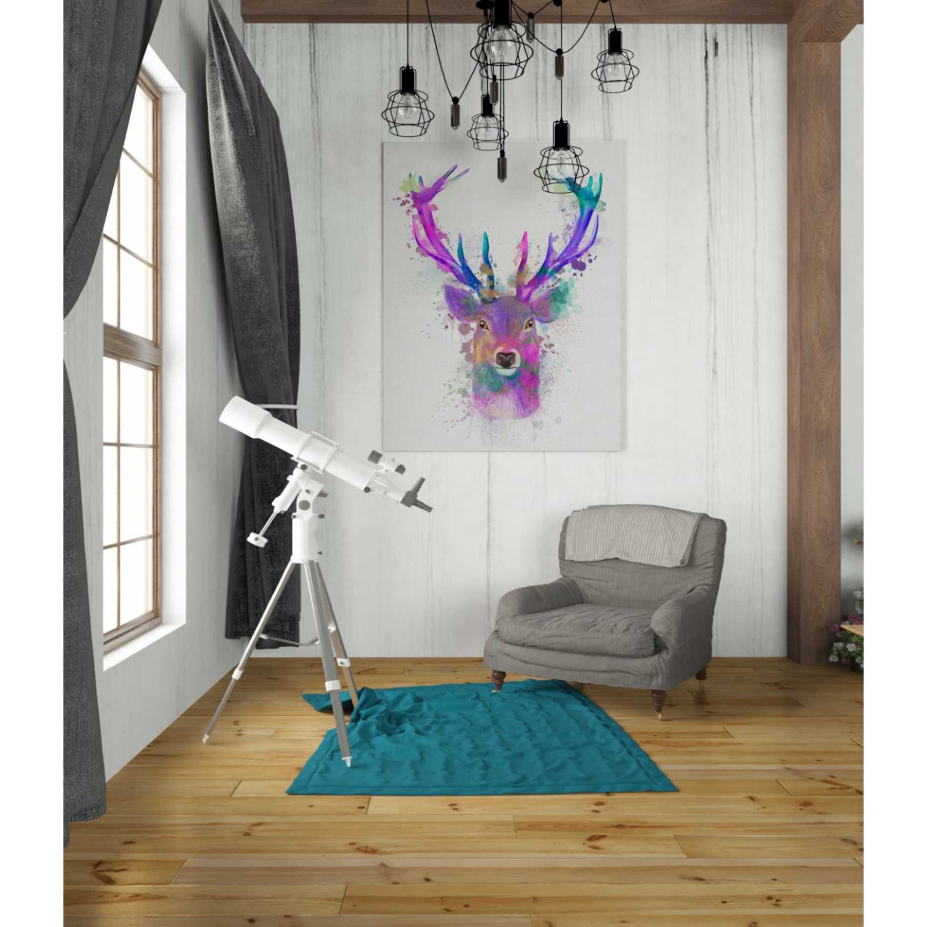 'Deer Head 1 Rainbow Splash Pink and Purple' by Fab Funky Giclee Canvas Wall Art