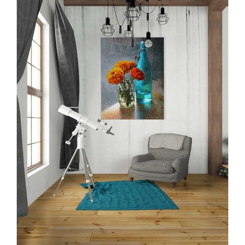 Image of 'Aqua Bottle Marigolds Cafe' by Chris Vest, Giclee Canvas Wall Art
