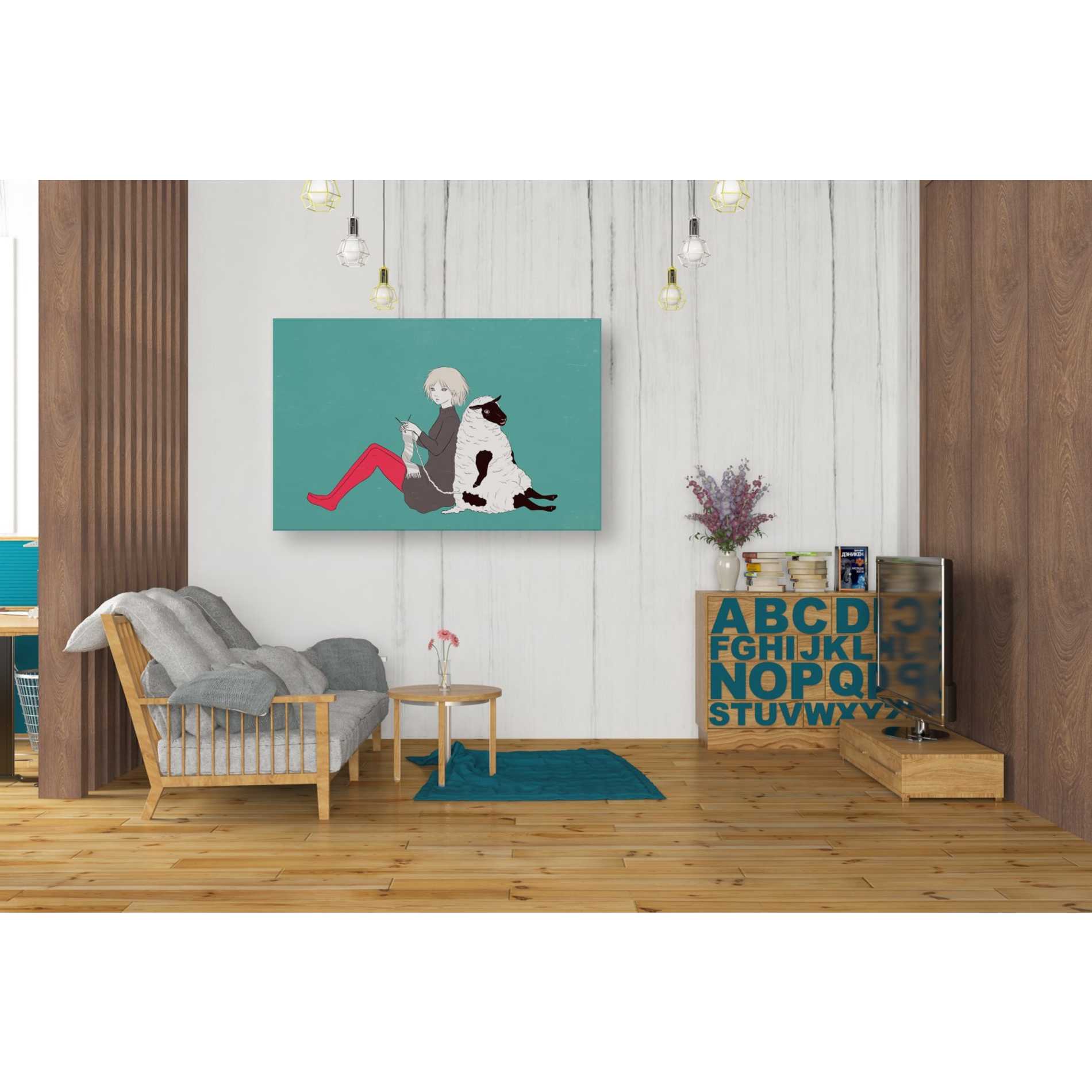 'Sheep and Girl' by Sai Tamiya, Canvas Wall Art,40 x 26