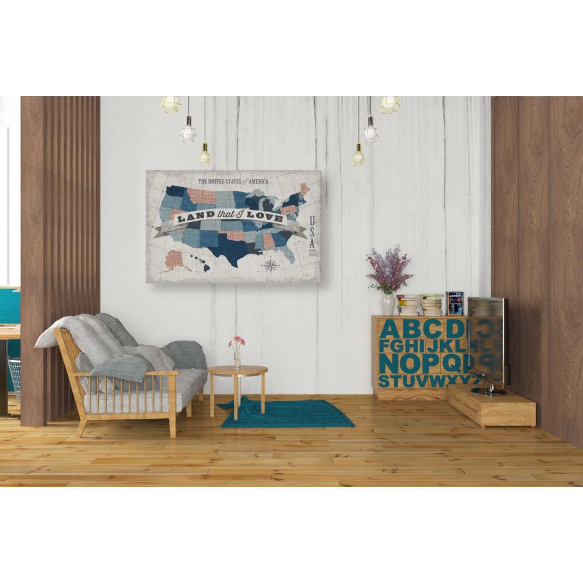 'USA Modern Vintage Blue Grey Red with Words' by Michael Mullan, Canvas Wall Art,40 x 26