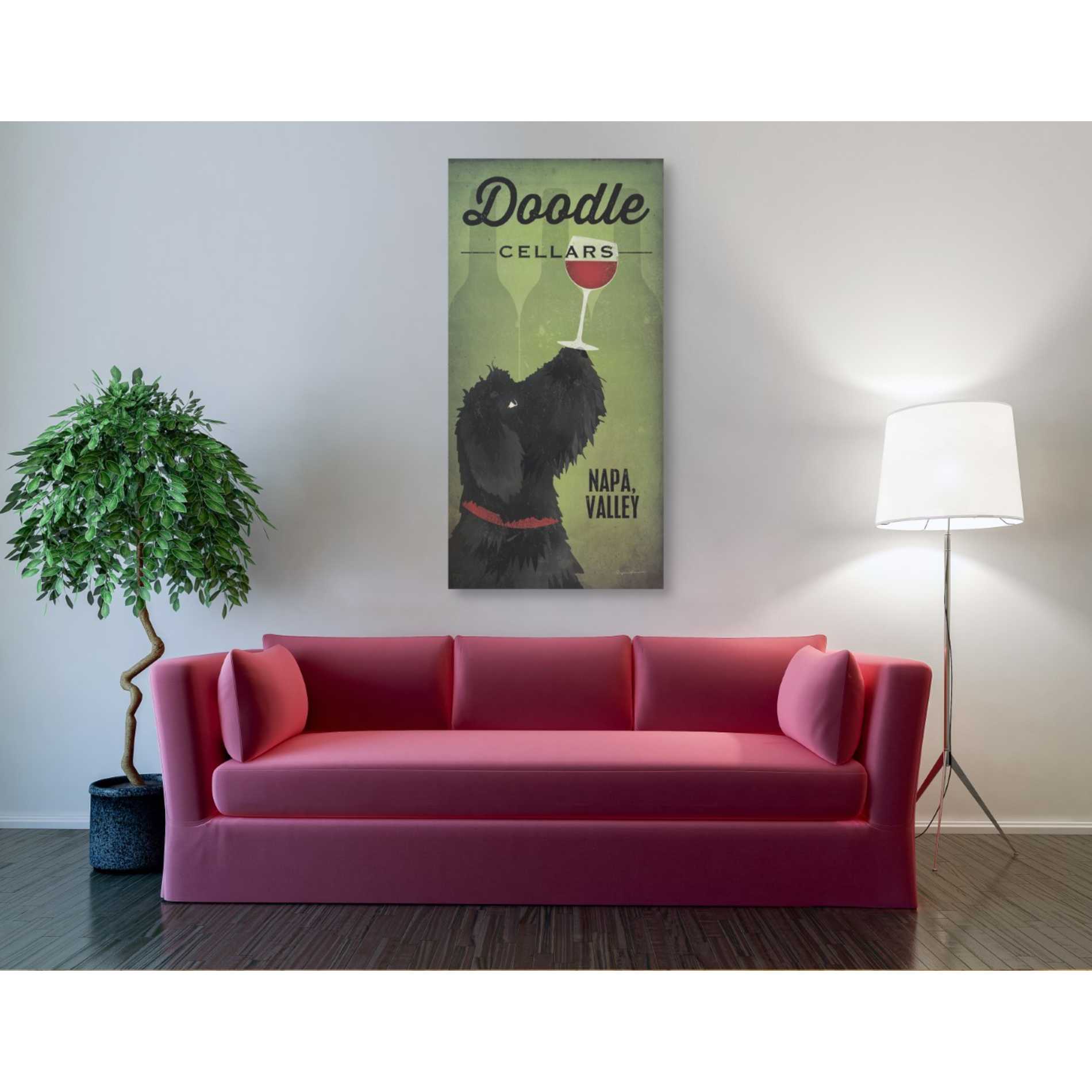 'Doodle Wine II Black Dog' by Ryan Fowler, Canvas Wall Art,30 x 60