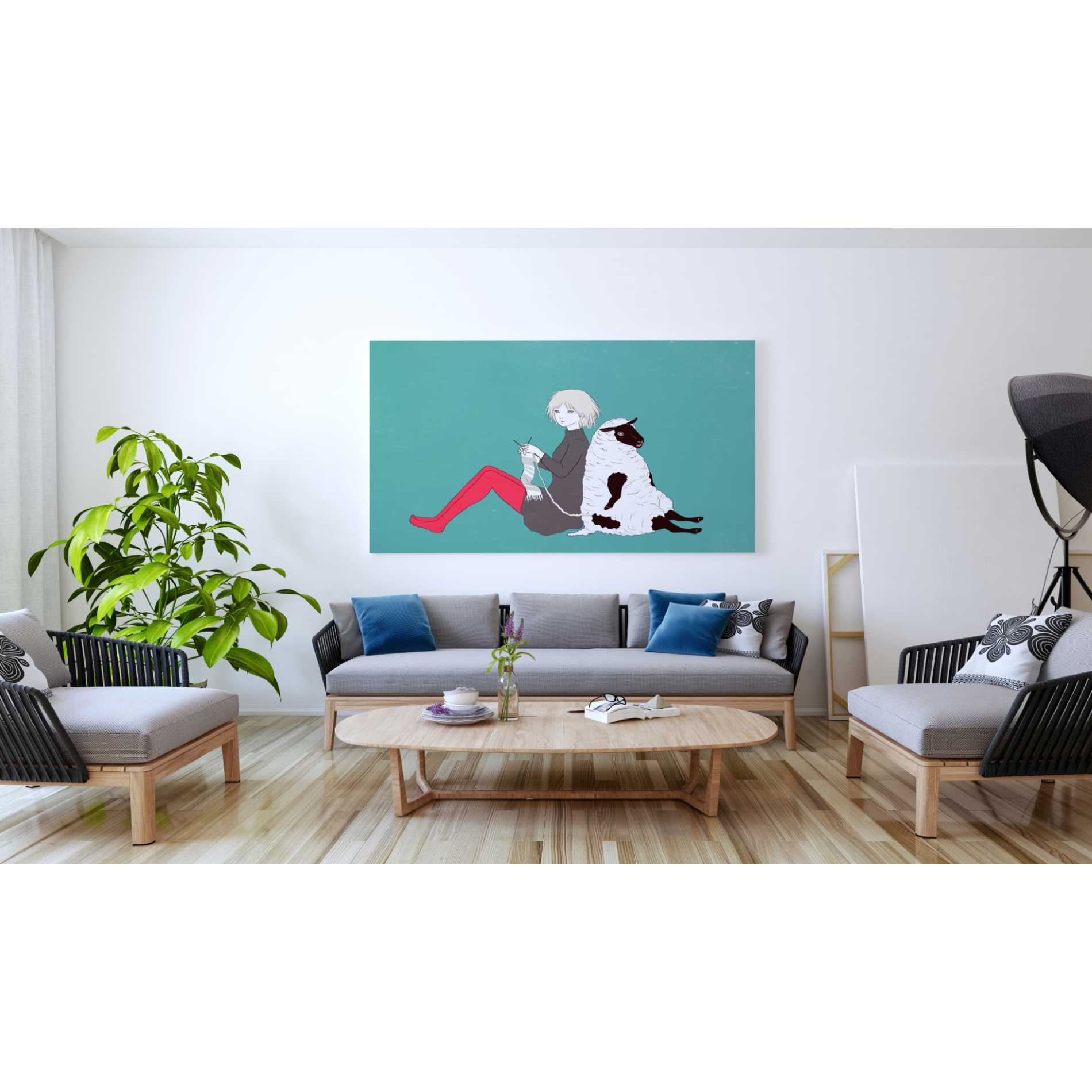 'Sheep and Girl' by Sai Tamiya, Canvas Wall Art,60 x 40