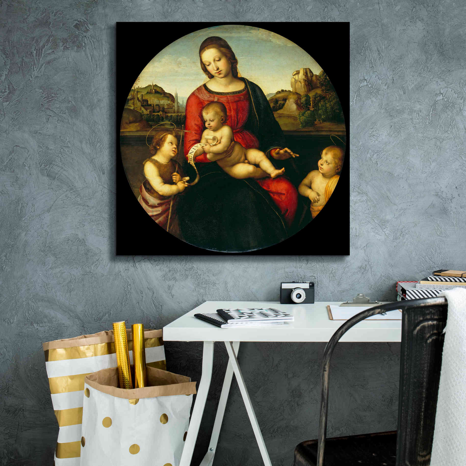 'Madonna with Child, St. John and a Child Saint' by Raphael, Canvas Wall Art,26 x 26