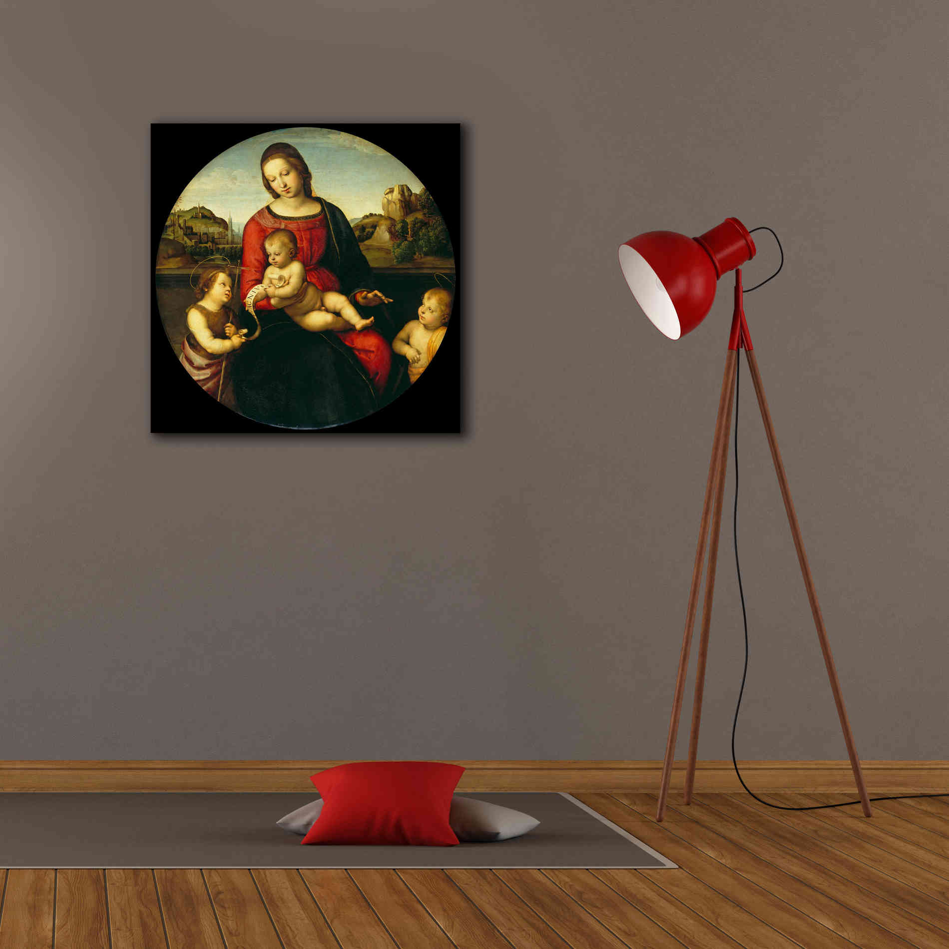 'Madonna with Child, St. John and a Child Saint' by Raphael, Canvas Wall Art,26 x 26