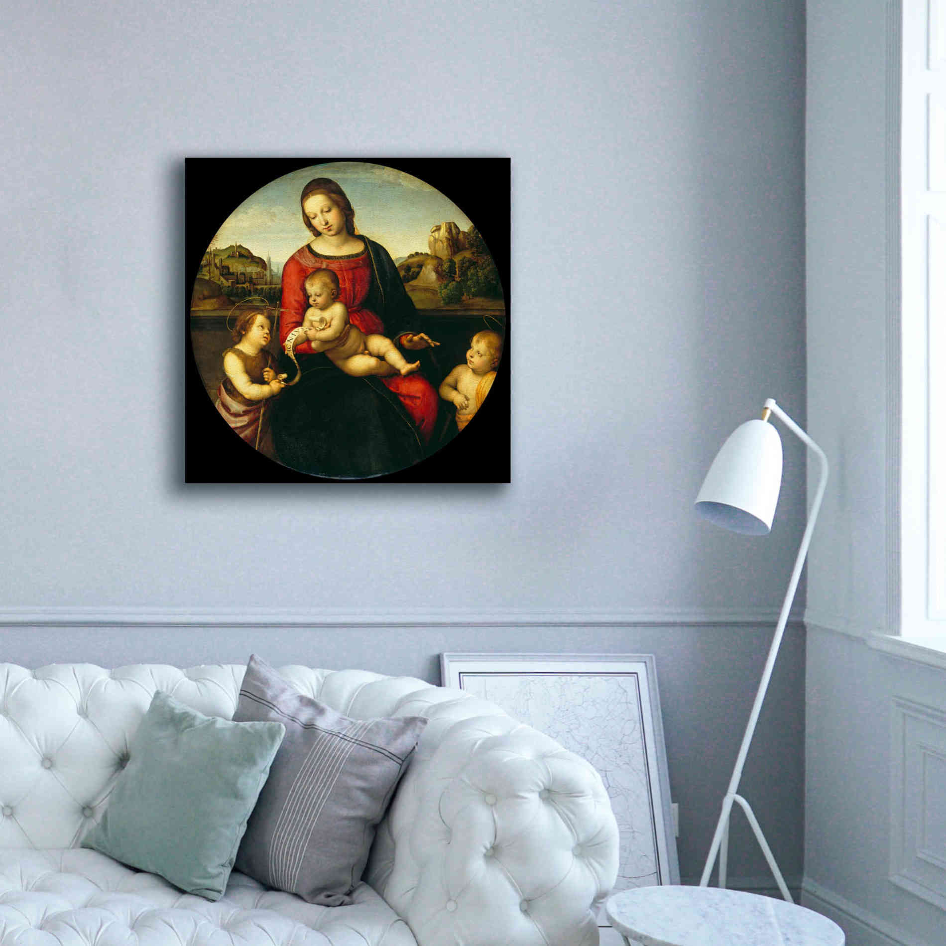 'Madonna with Child, St. John and a Child Saint' by Raphael, Canvas Wall Art,37 x 37