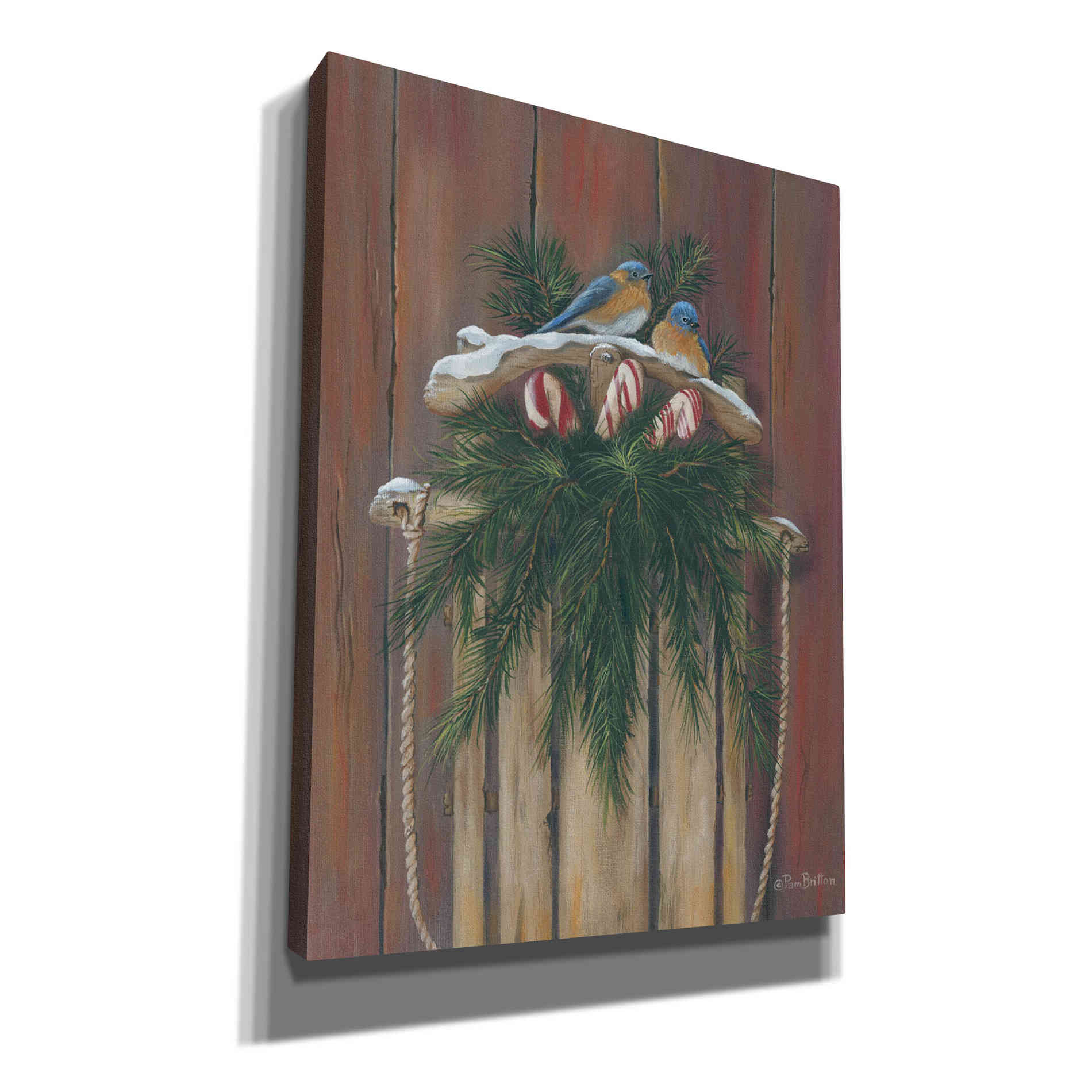 'Bluebirds & Sled' by Pam Britton, Canvas Wall Art