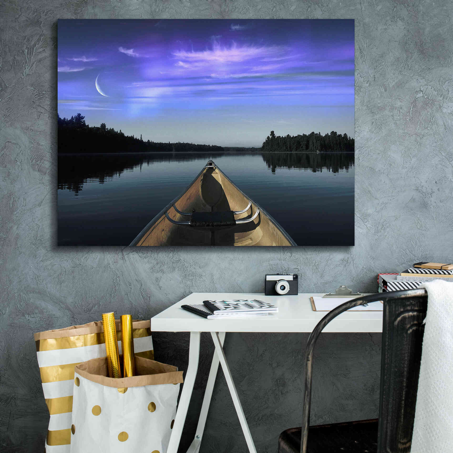 'Canoeing Under The Northern Lights' by Epic Portfolio, Giclee Canvas Wall Art,34x26