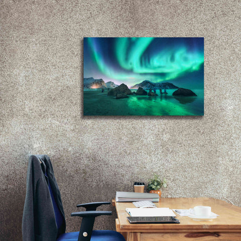 Image of 'Green Aurora Borealis And People' by Epic Portfolio, Giclee Canvas Wall Art,40x26