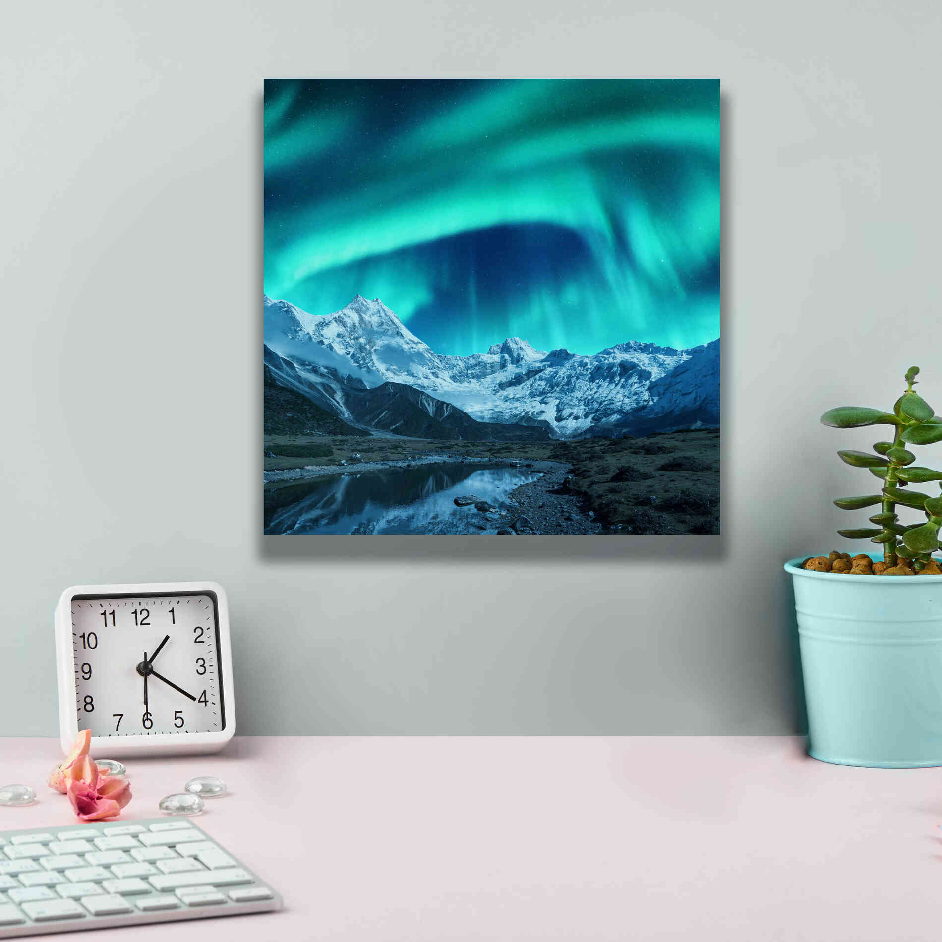 'Northern Lights Above Snow Covered Rocks' by Epic Portfolio, Giclee Canvas Wall Art,12x12