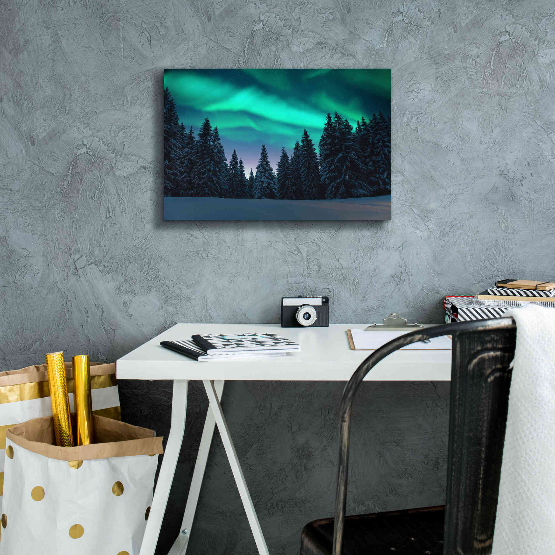 'Northern Lights In Winter Forest 3' by Epic Portfolio, Giclee Canvas Wall Art,18x12