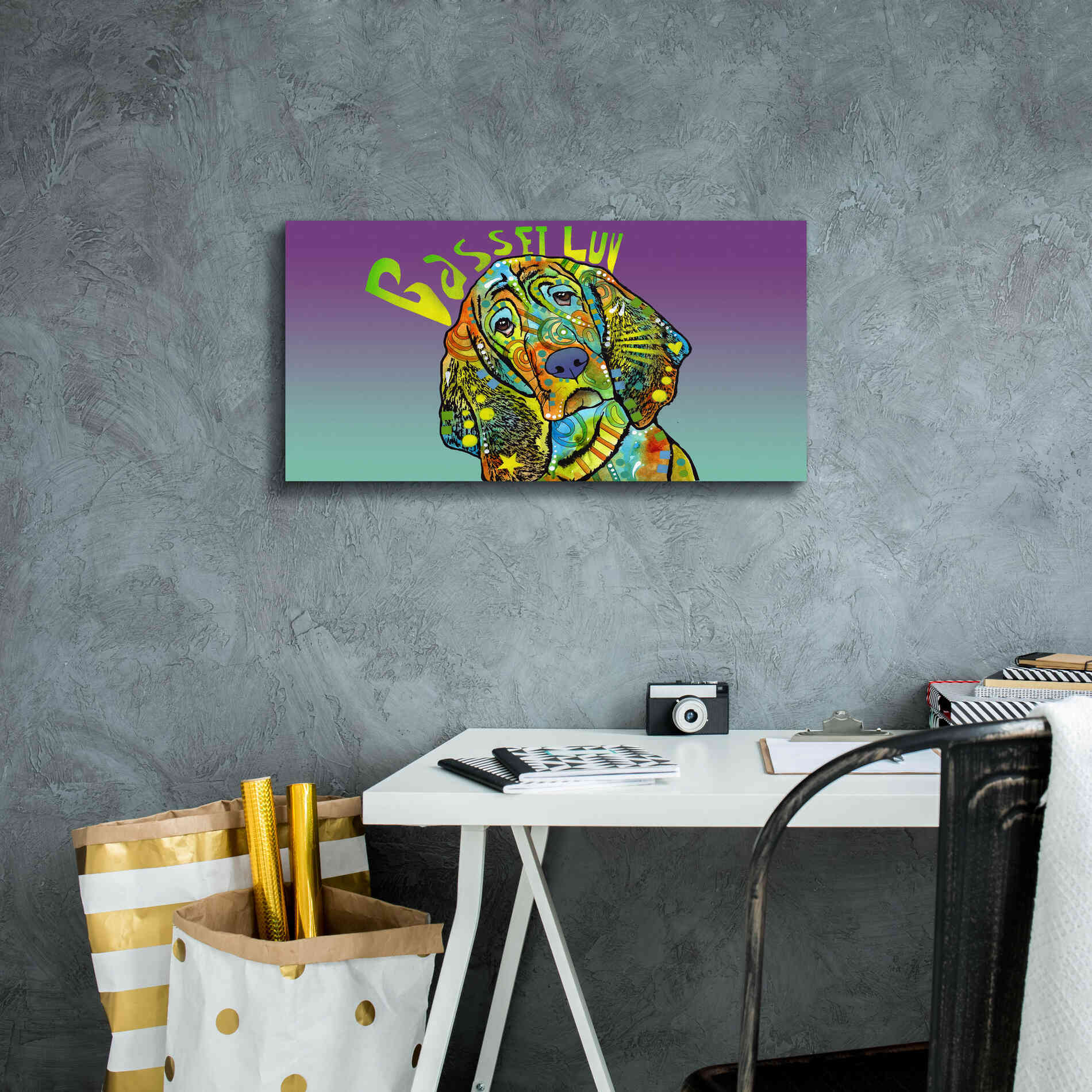 'Basset Luv' by Dean Russo, Giclee Canvas Wall Art,24x12