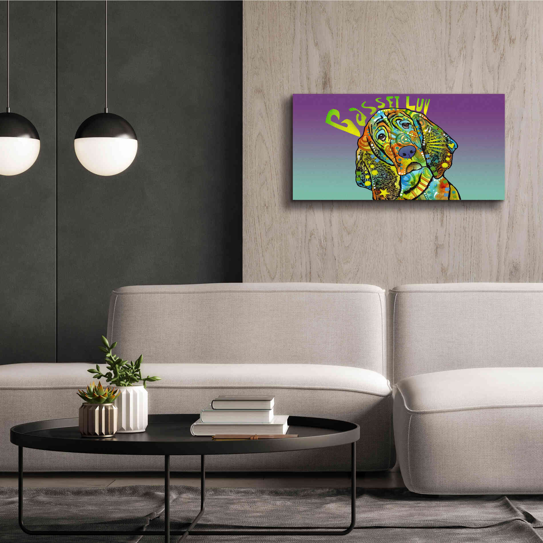 'Basset Luv' by Dean Russo, Giclee Canvas Wall Art,40x20