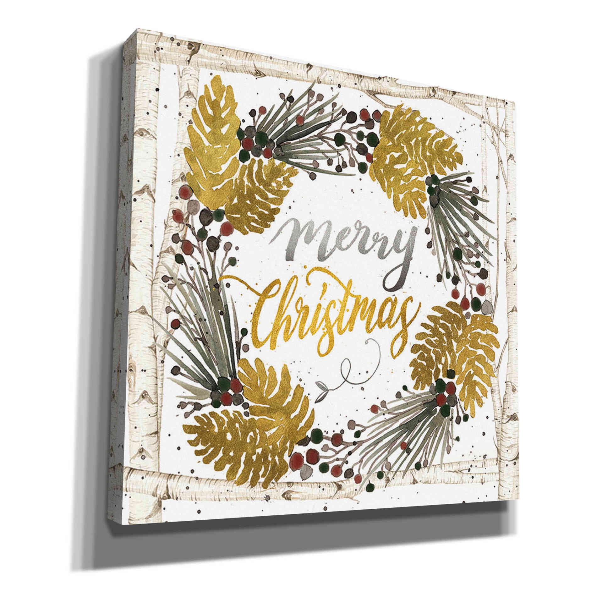 'Merry Christmas Birch Wreath with Berries' by Cindy Jacobs, Canvas Wall Art