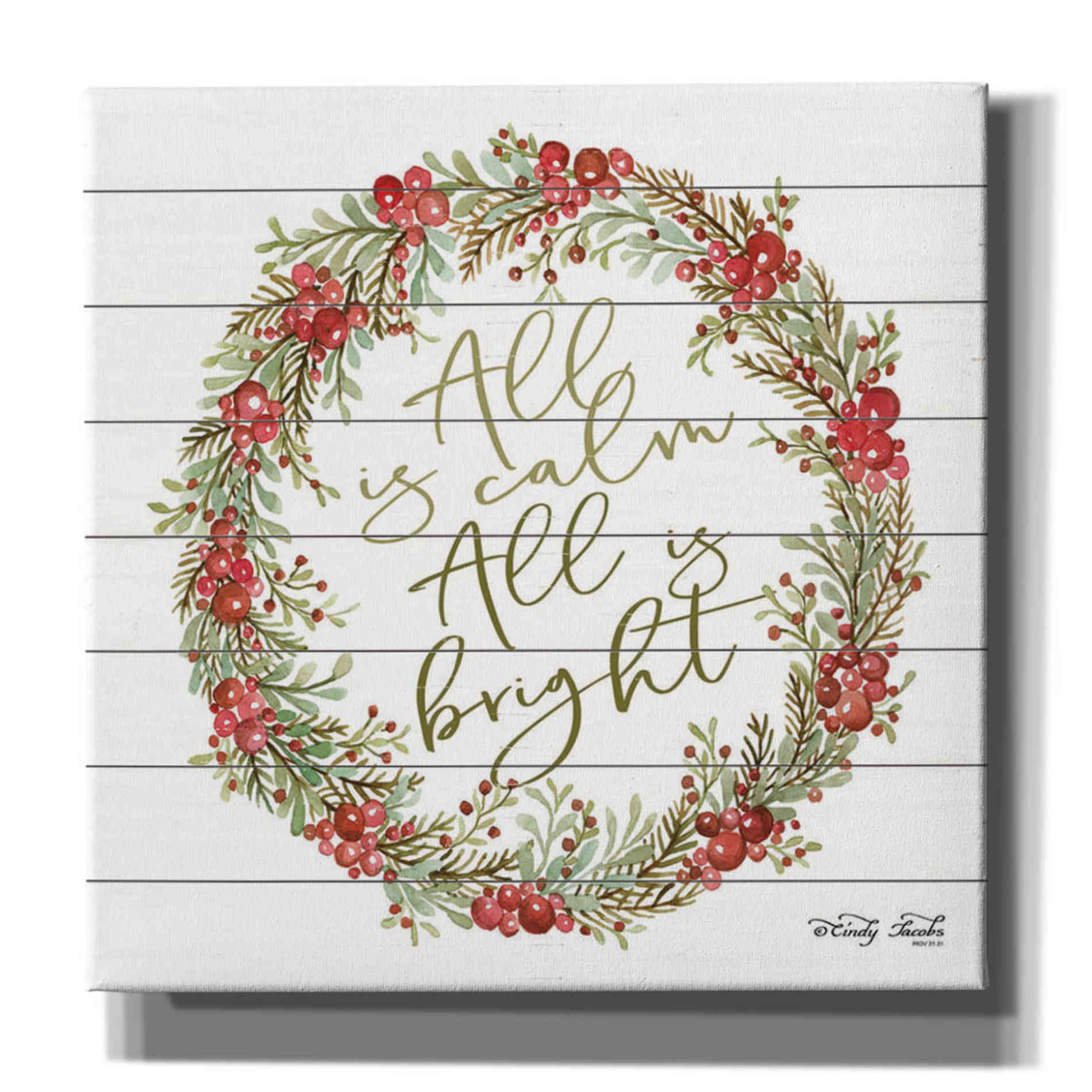 'All is Calm Berry Wreath' by Cindy Jacobs, Canvas Wall Art
