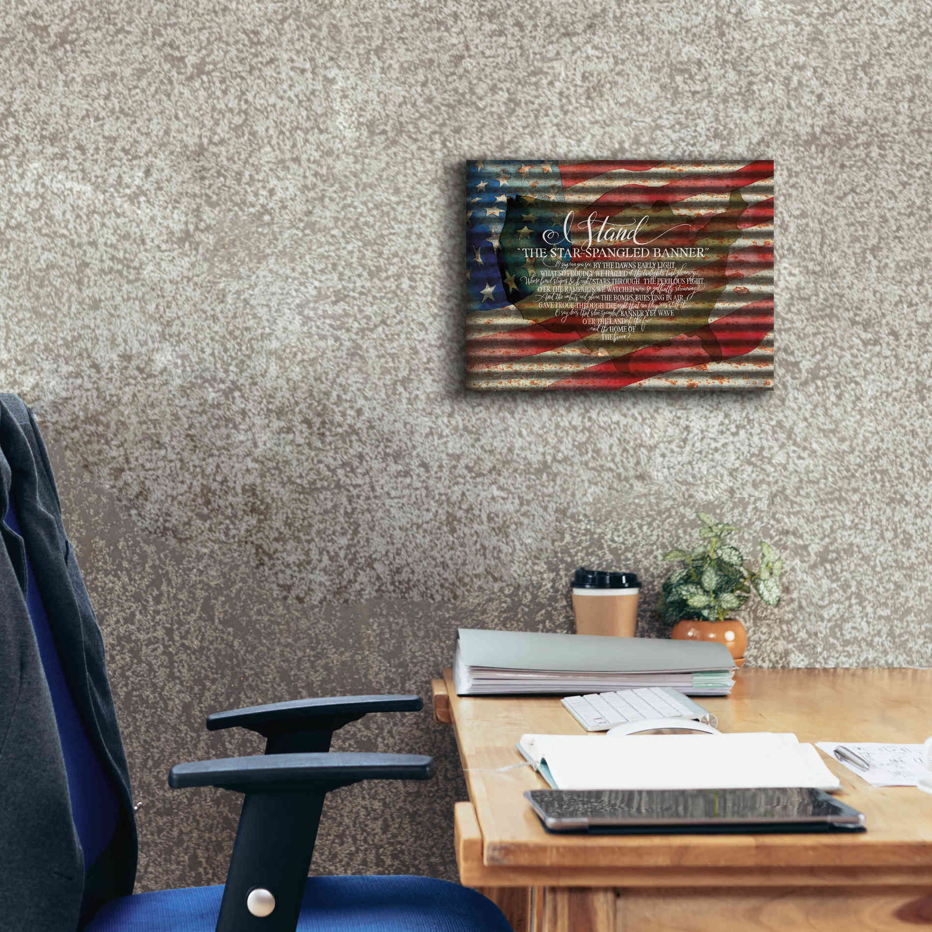 'I Stand American Flag on Metal' by Cindy Jacobs, Canvas Wall Art,16 x 12