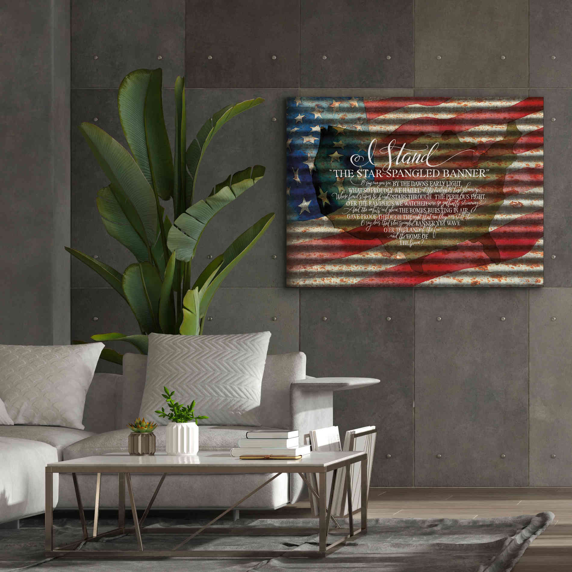 'I Stand American Flag on Metal' by Cindy Jacobs, Canvas Wall Art,54 x 40