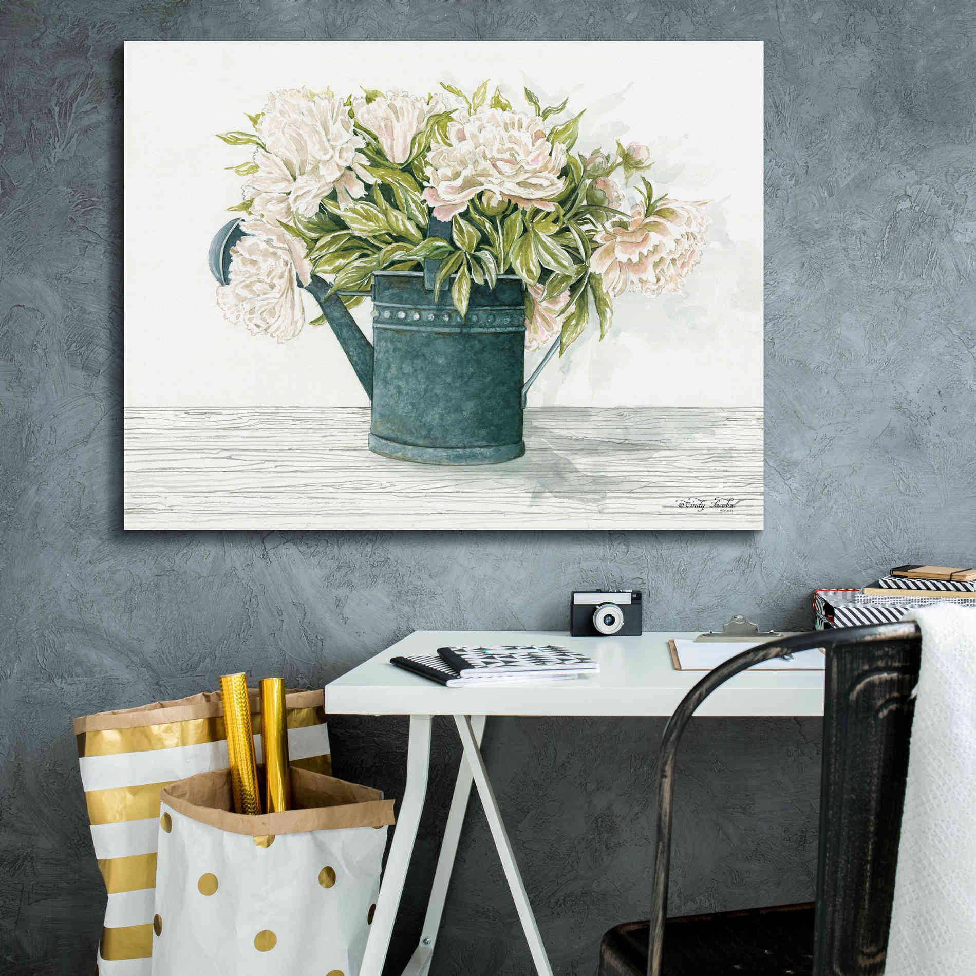 'Galvanized Watering Can Peonies' by Cindy Jacobs, Canvas Wall Art,34 x 26