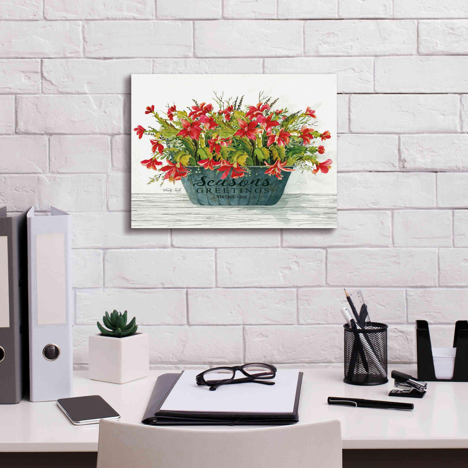 'Seasons Greetings Pot' by Cindy Jacobs, Canvas Wall Art,16 x 12