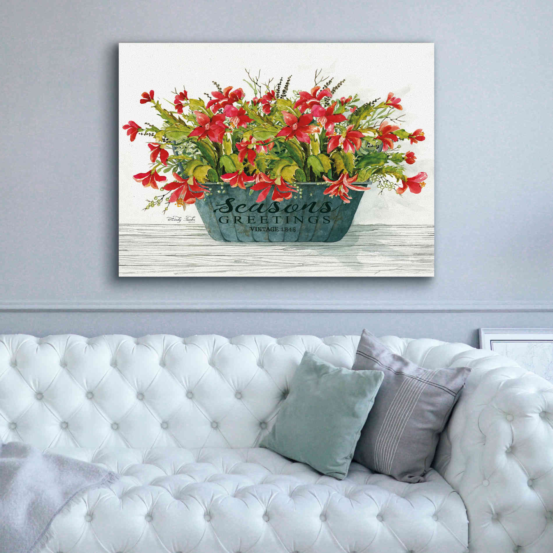 'Seasons Greetings Pot' by Cindy Jacobs, Canvas Wall Art,54 x 40