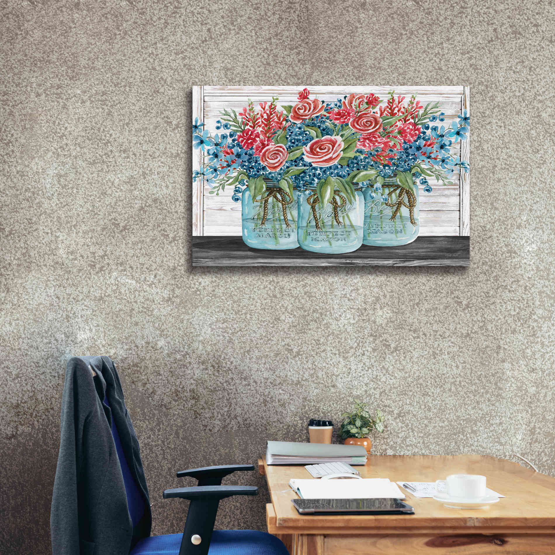'Red, White & Blue Jars with White Flowers' by Cindy Jacobs, Canvas Wall Art,40 x 26
