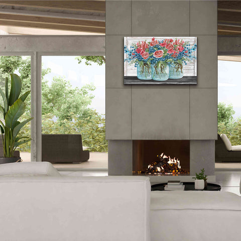 Image of 'Red, White & Blue Jars with White Flowers' by Cindy Jacobs, Canvas Wall Art,40 x 26