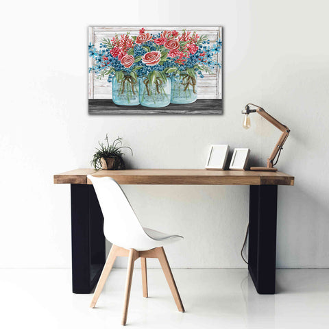 Image of 'Red, White & Blue Jars with White Flowers' by Cindy Jacobs, Canvas Wall Art,40 x 26