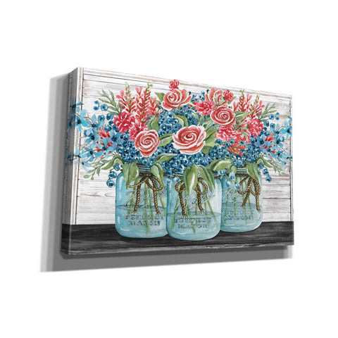 Image of 'Red, White & Blue Jars with White Flowers' by Cindy Jacobs, Canvas Wall Art