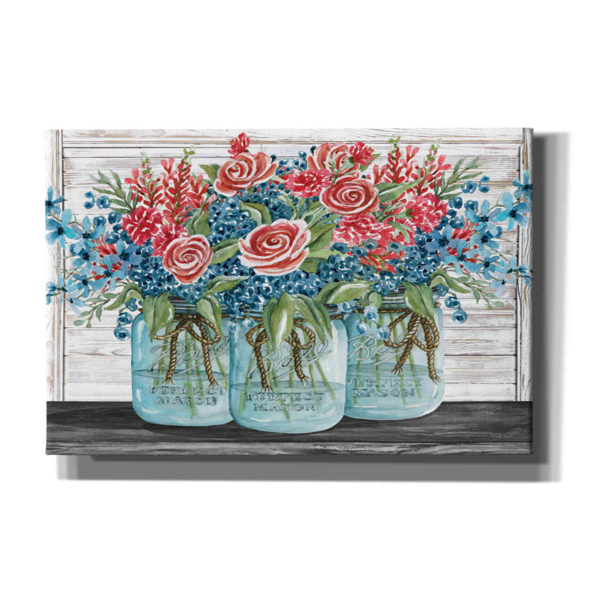 'Red, White & Blue Jars with White Flowers' by Cindy Jacobs, Canvas Wall Art