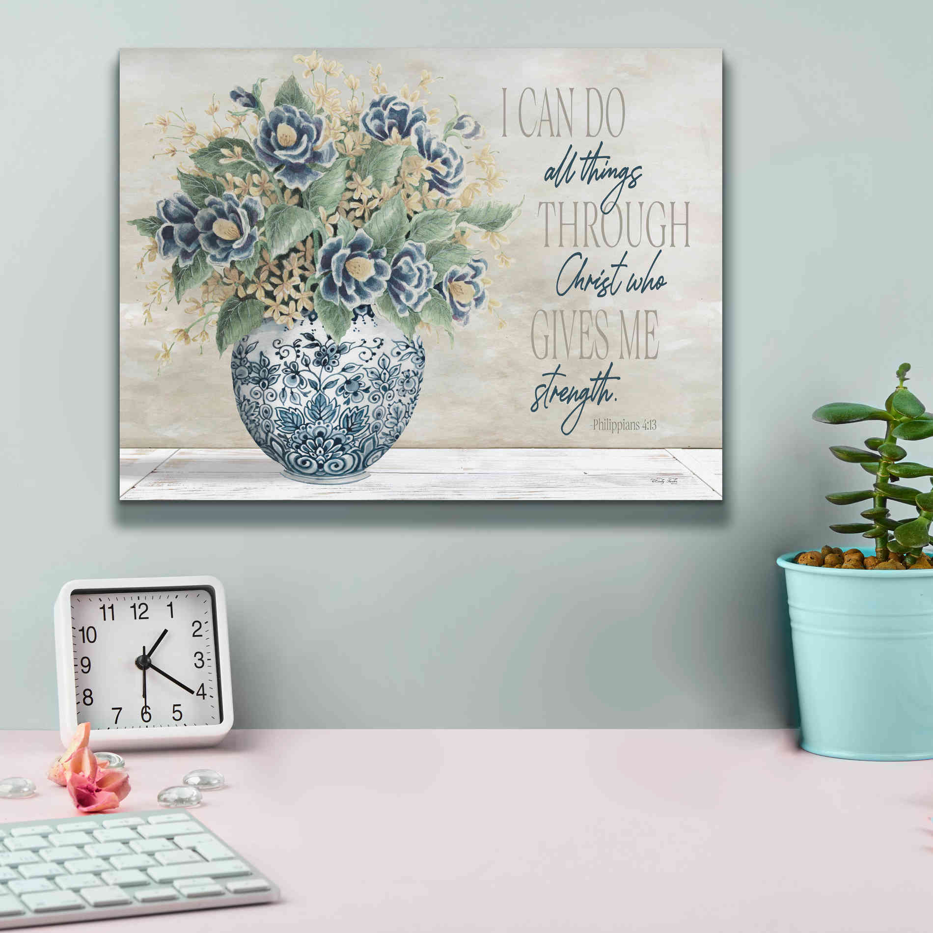 'I Can Do All Things Blue Vase' by Cindy Jacobs, Canvas Wall Art,16 x 12