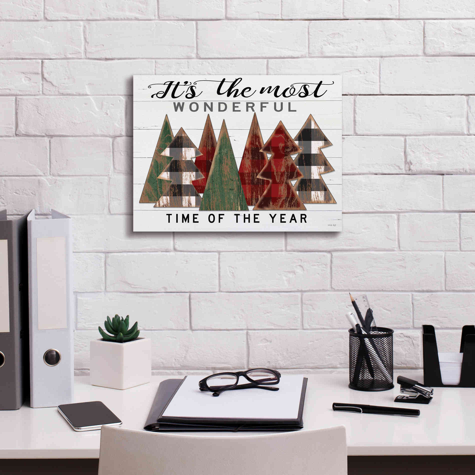 'It's the Most Wonderful Time Plaid Trees' by Cindy Jacobs, Canvas Wall Art,16 x 12