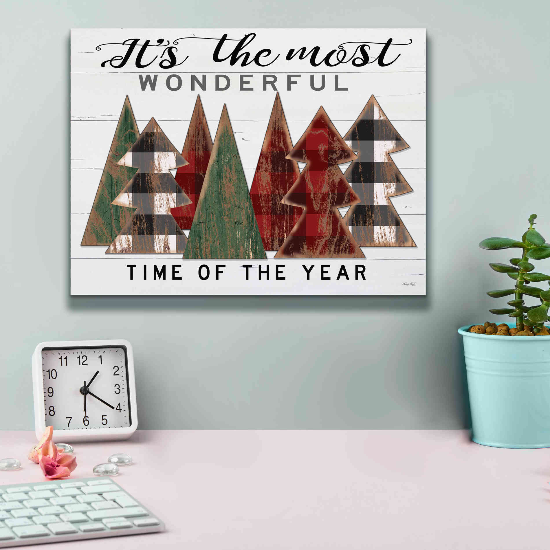 'It's the Most Wonderful Time Plaid Trees' by Cindy Jacobs, Canvas Wall Art,16 x 12