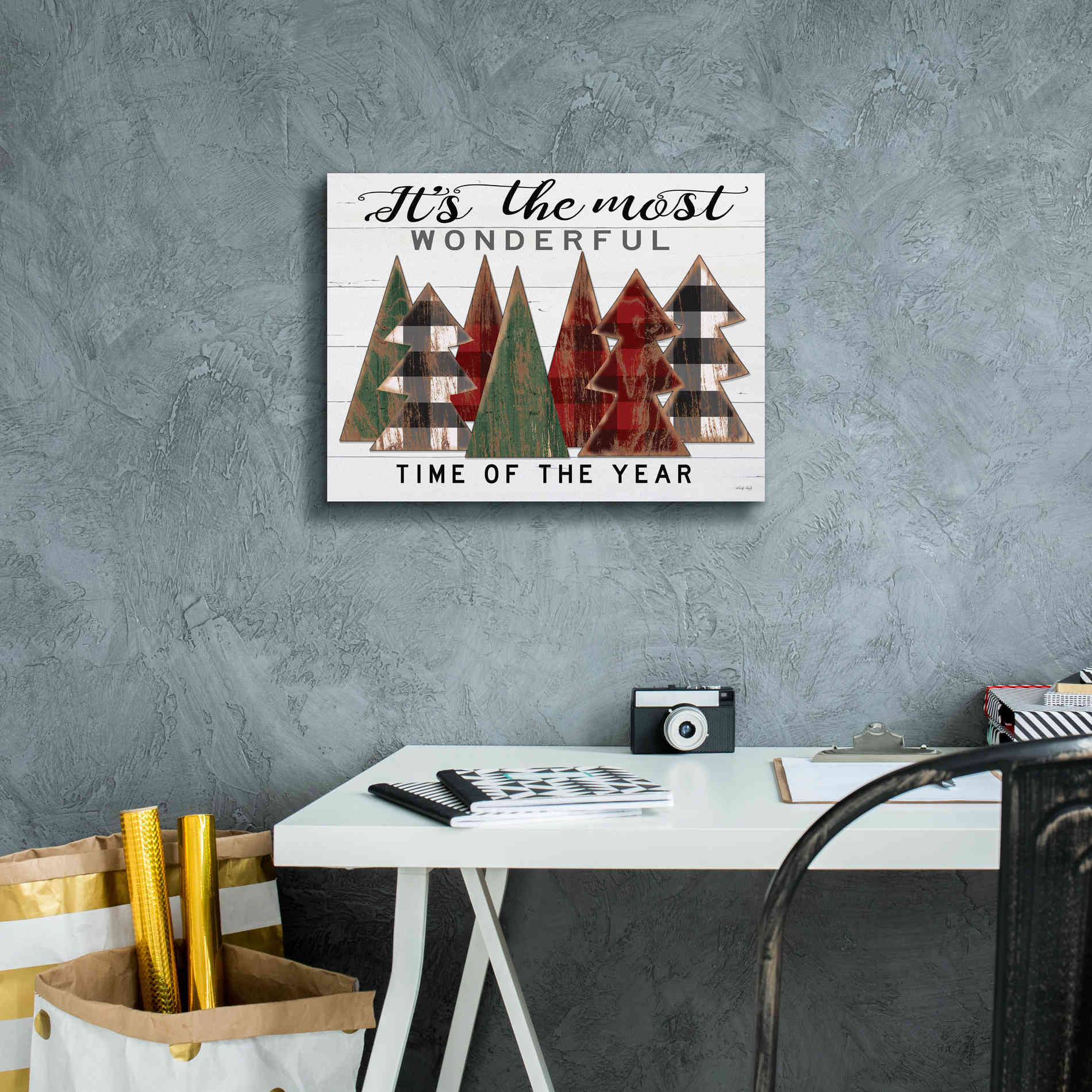 'It's the Most Wonderful Time Plaid Trees' by Cindy Jacobs, Canvas Wall Art,16 x 12