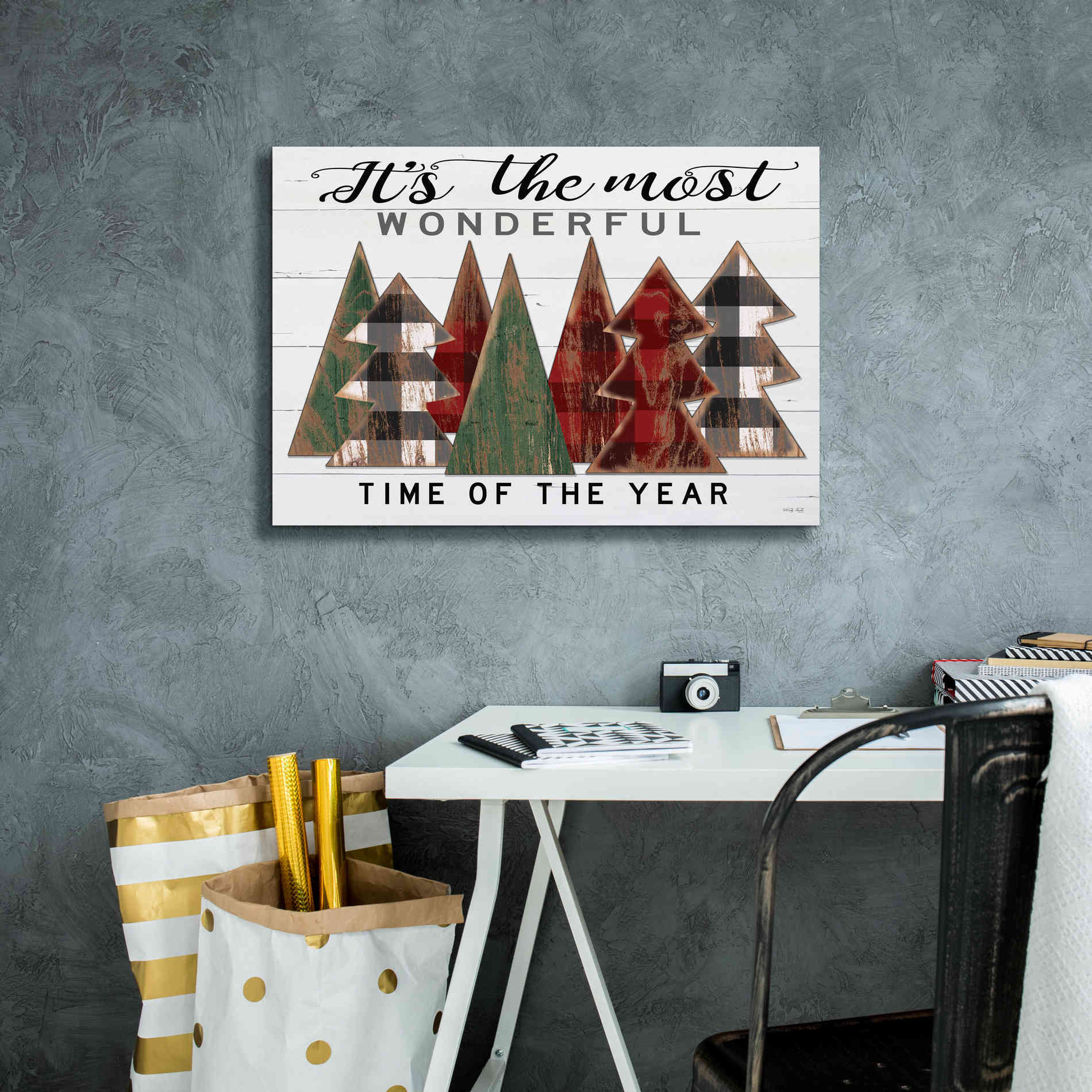 'It's the Most Wonderful Time Plaid Trees' by Cindy Jacobs, Canvas Wall Art,26 x 18