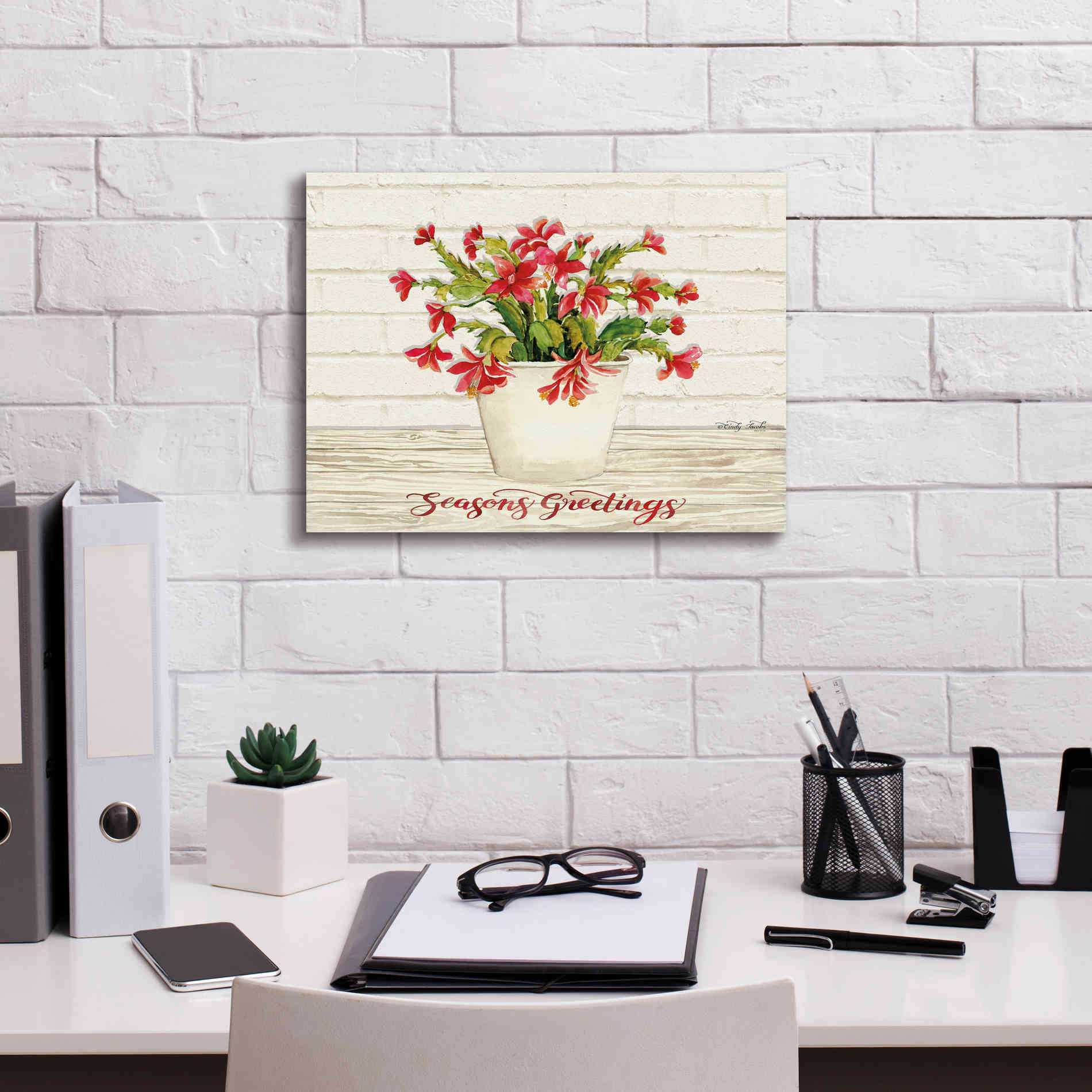 'Christmas Cactus - Season's Greetings' by Cindy Jacobs, Canvas Wall Art,16 x 12