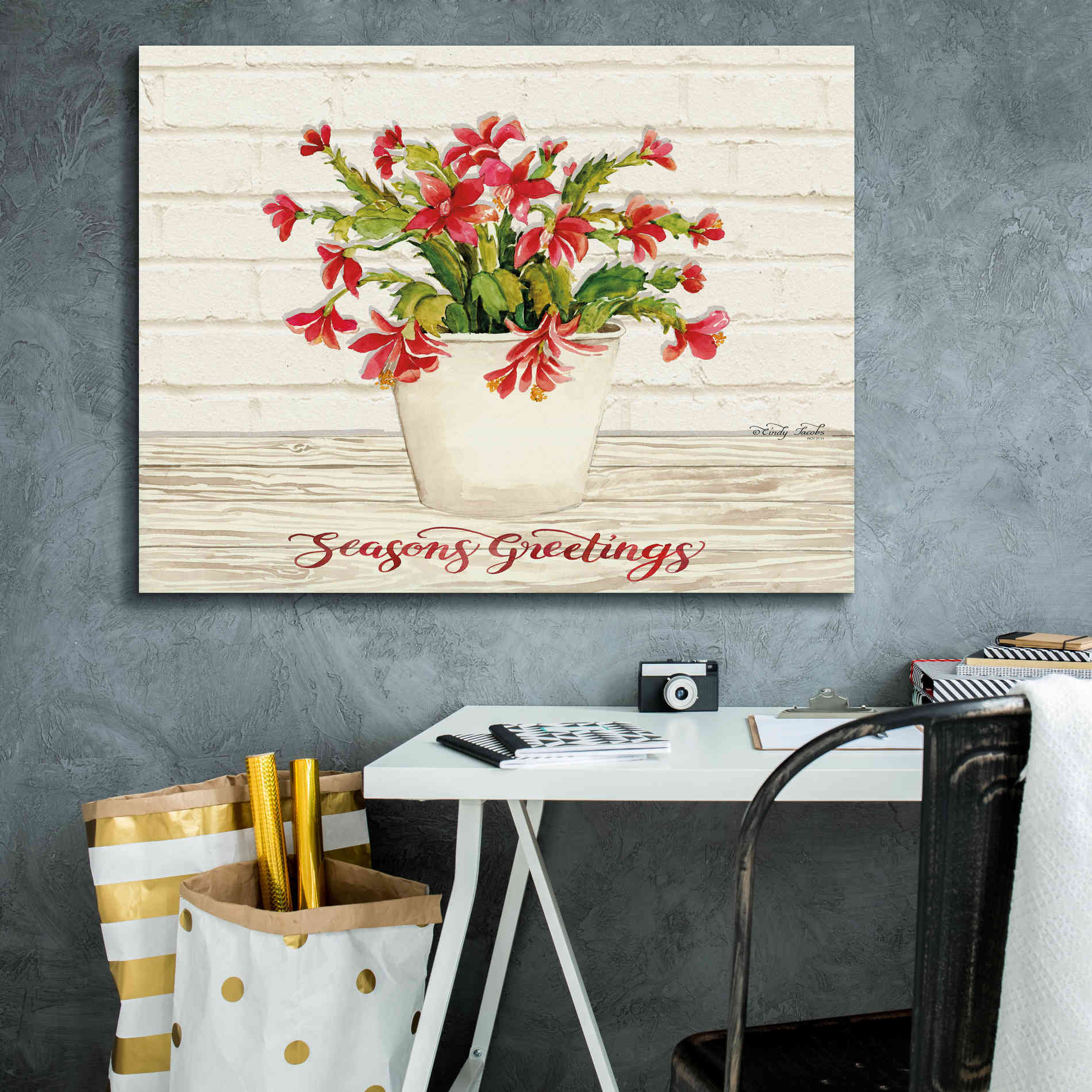 'Christmas Cactus - Season's Greetings' by Cindy Jacobs, Canvas Wall Art,34 x 26