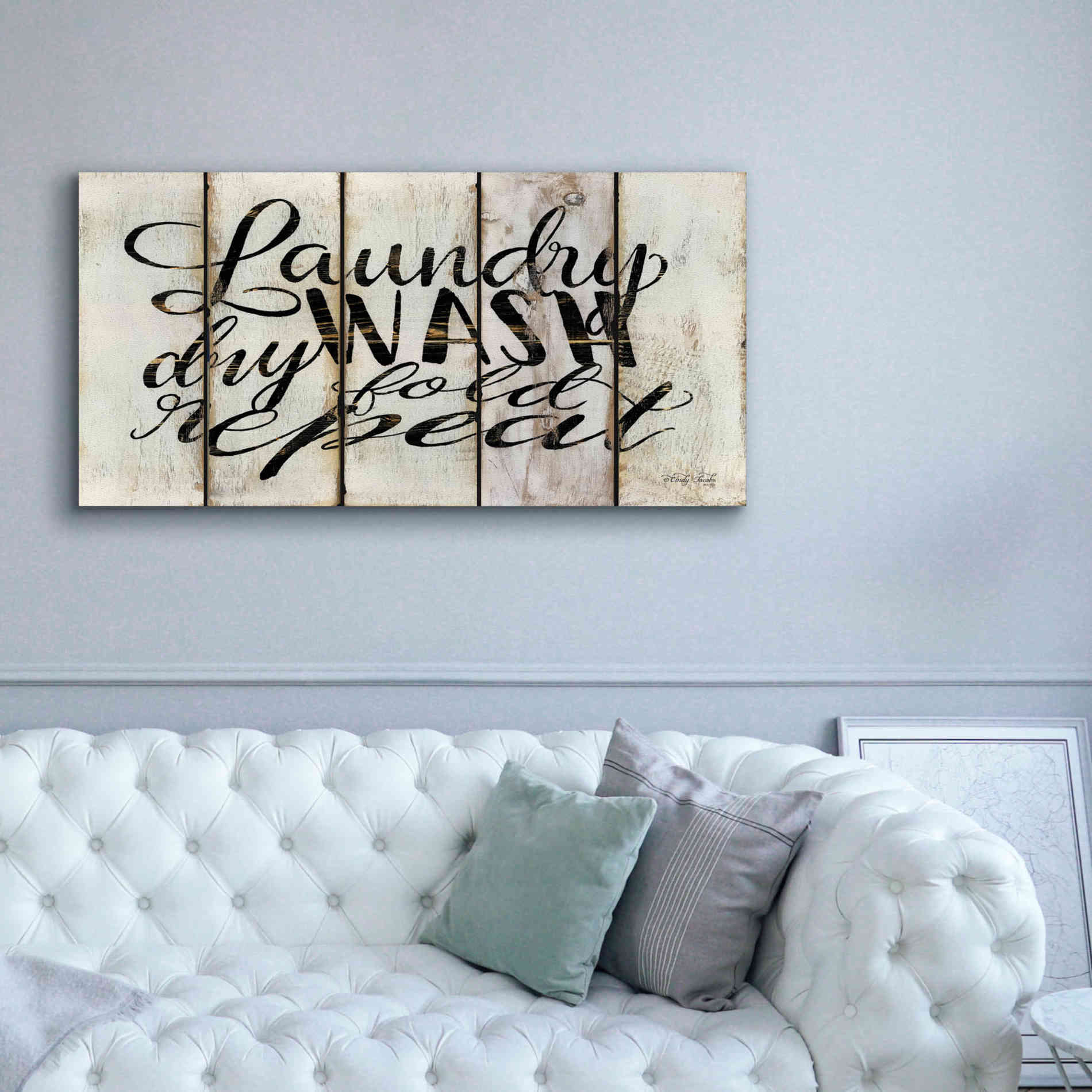 'Laundry Duties on Wood Panels' by Cindy Jacobs, Canvas Wall Art,60 x 30