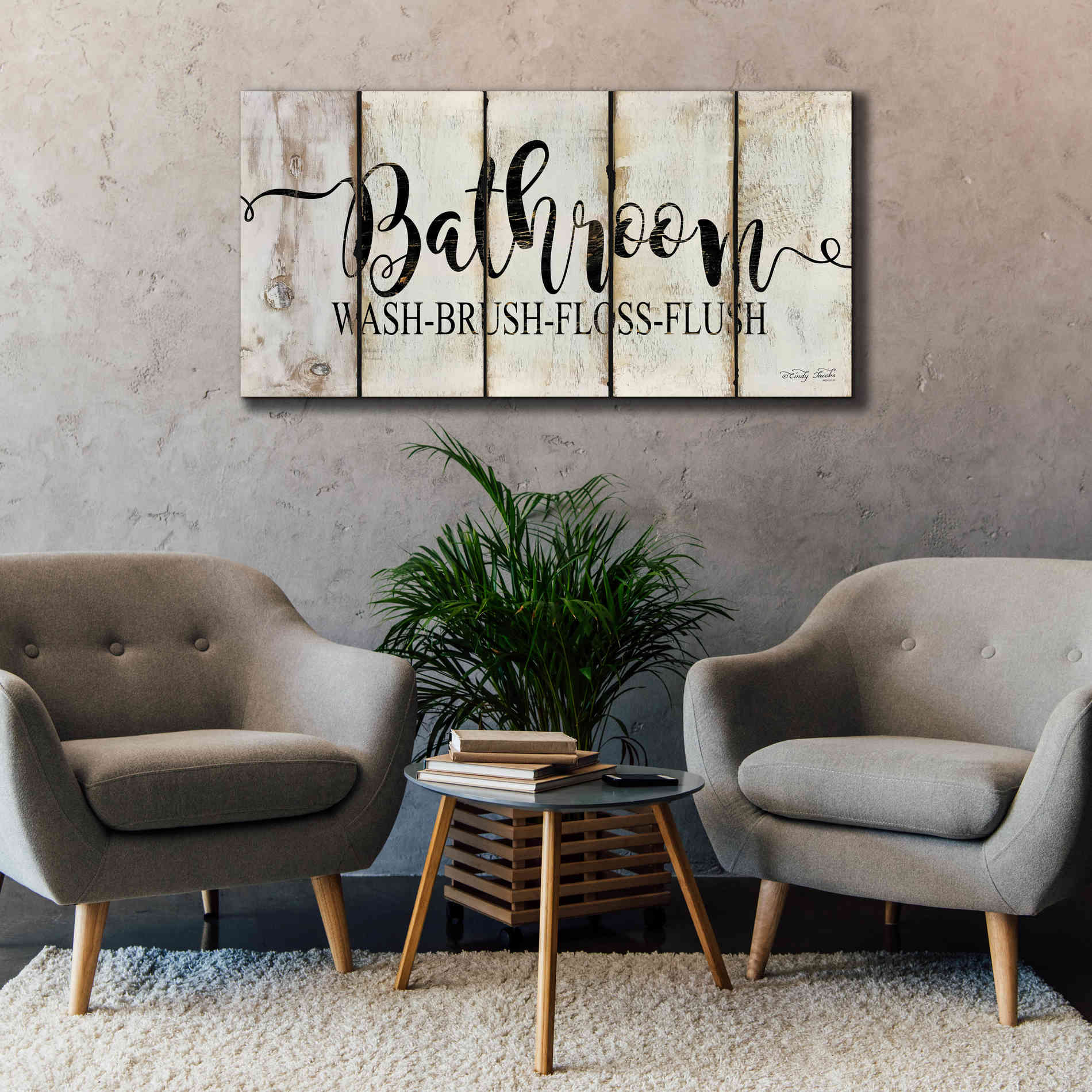 'Bathroom on Wood Panels' by Cindy Jacobs, Canvas Wall Art,60 x 30