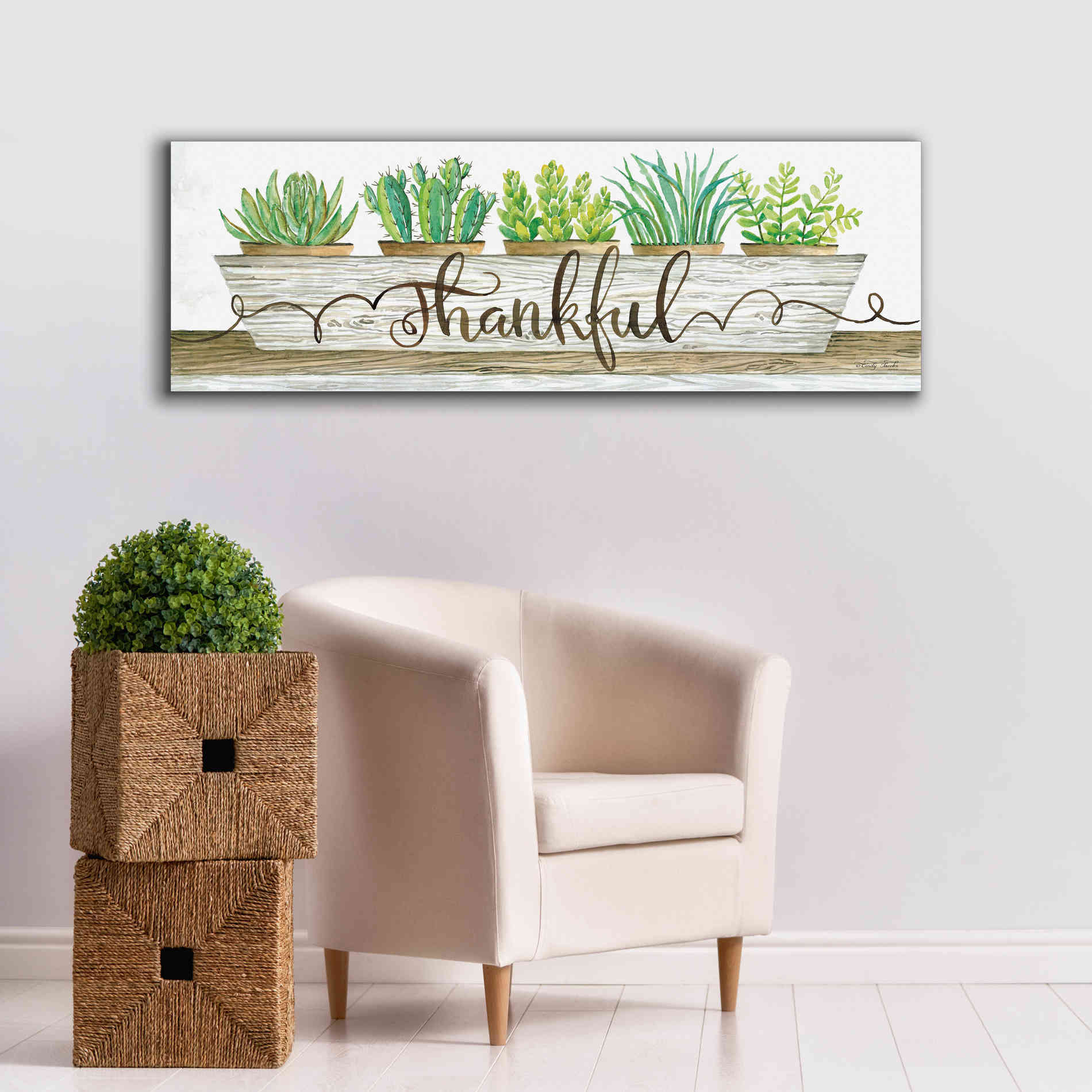 'Thankful Succulent Pots' by Cindy Jacobs, Canvas Wall Art,60 x 20
