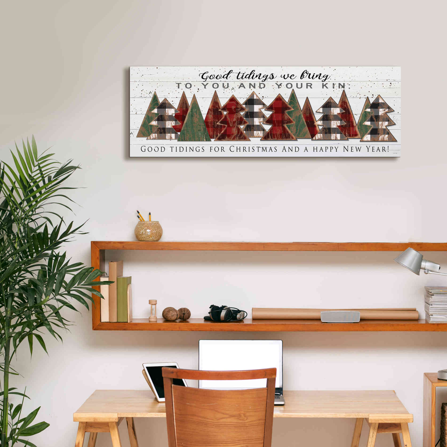 'Good Tidings Plaid Trees' by Cindy Jacobs, Canvas Wall Art,36 x 12