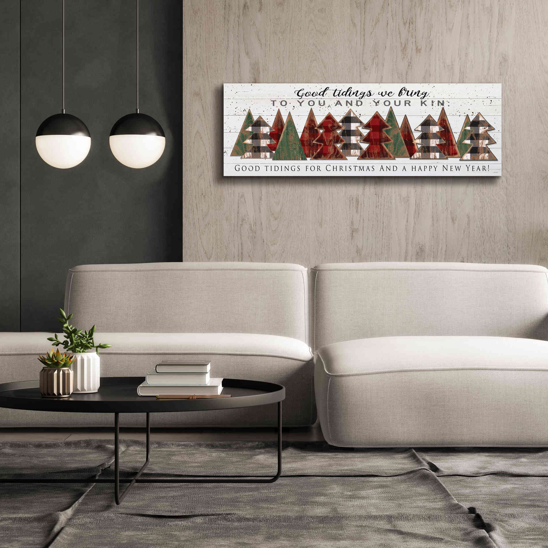 'Good Tidings Plaid Trees' by Cindy Jacobs, Canvas Wall Art,60 x 20