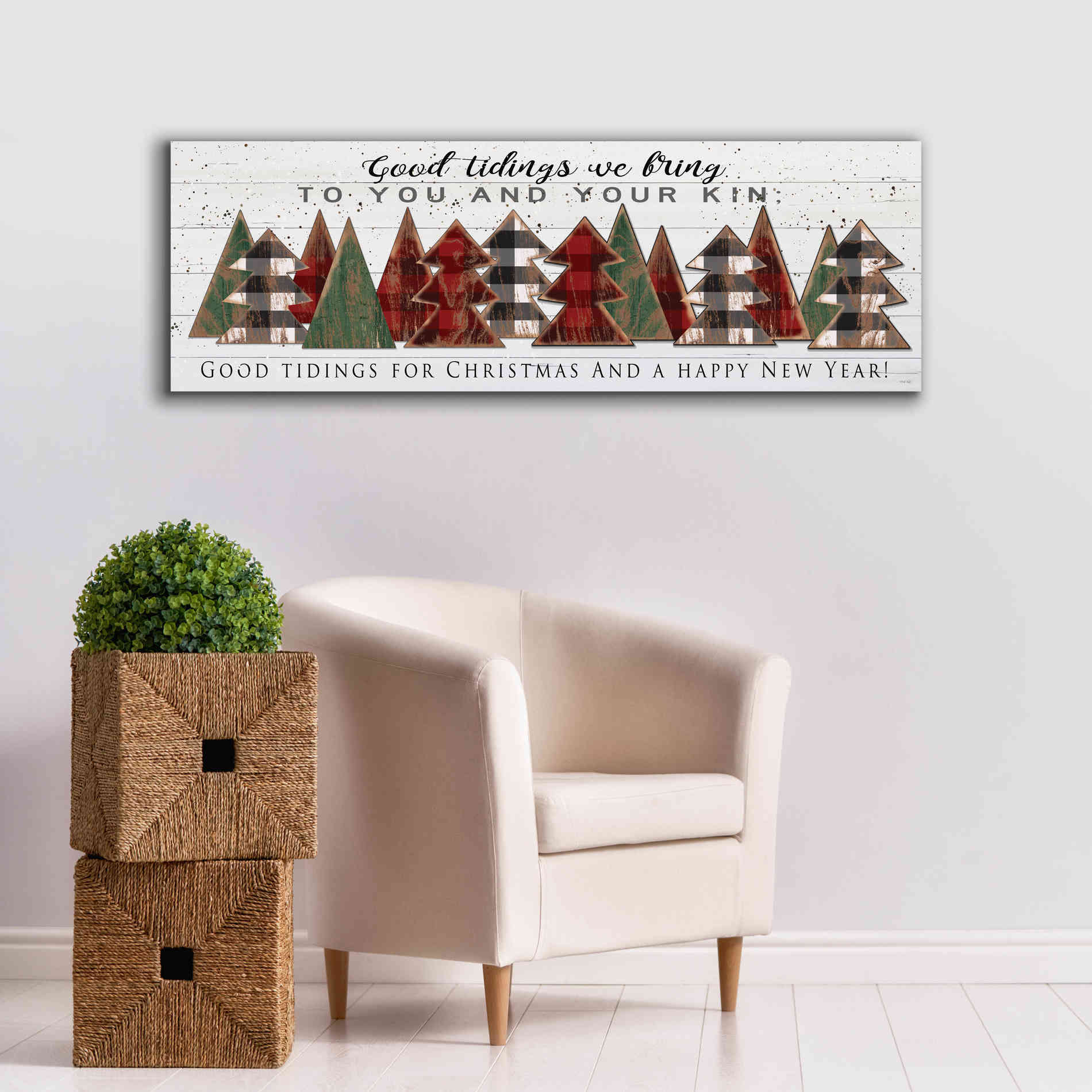'Good Tidings Plaid Trees' by Cindy Jacobs, Canvas Wall Art,60 x 20