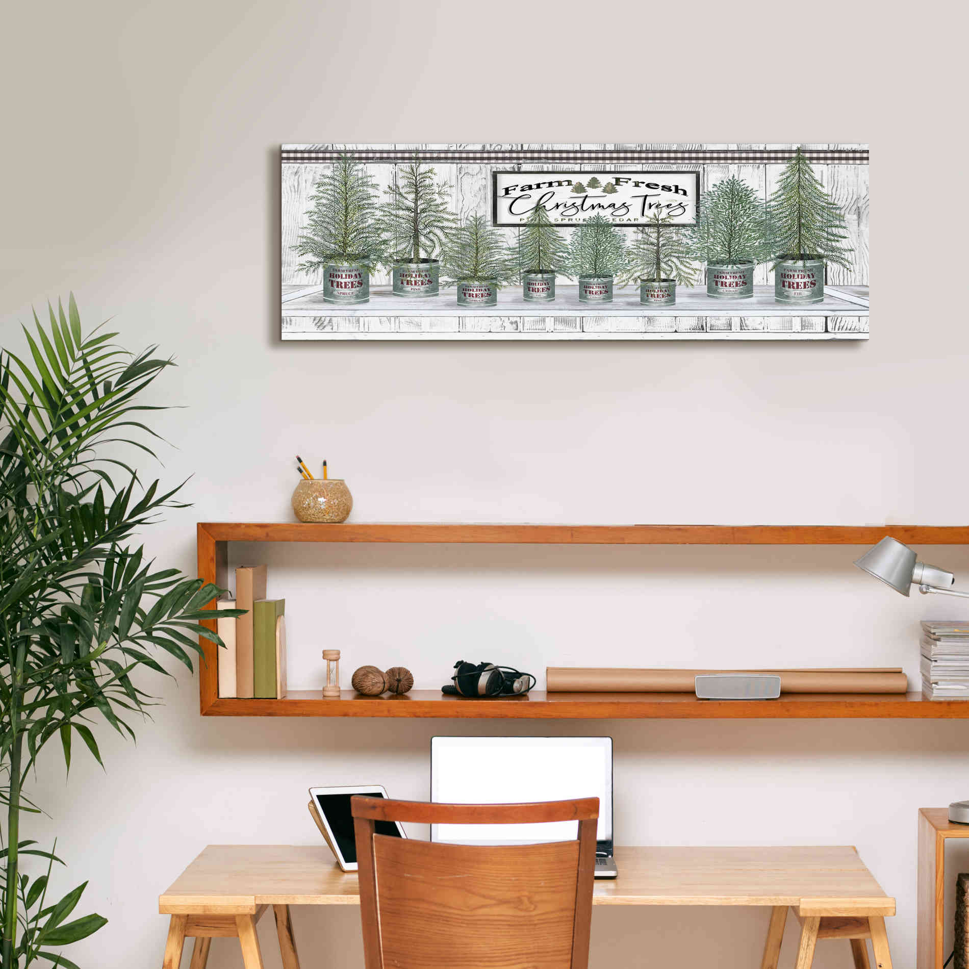 'Galvanized Pots White Christmas Trees I' by Cindy Jacobs, Canvas Wall Art,36 x 12